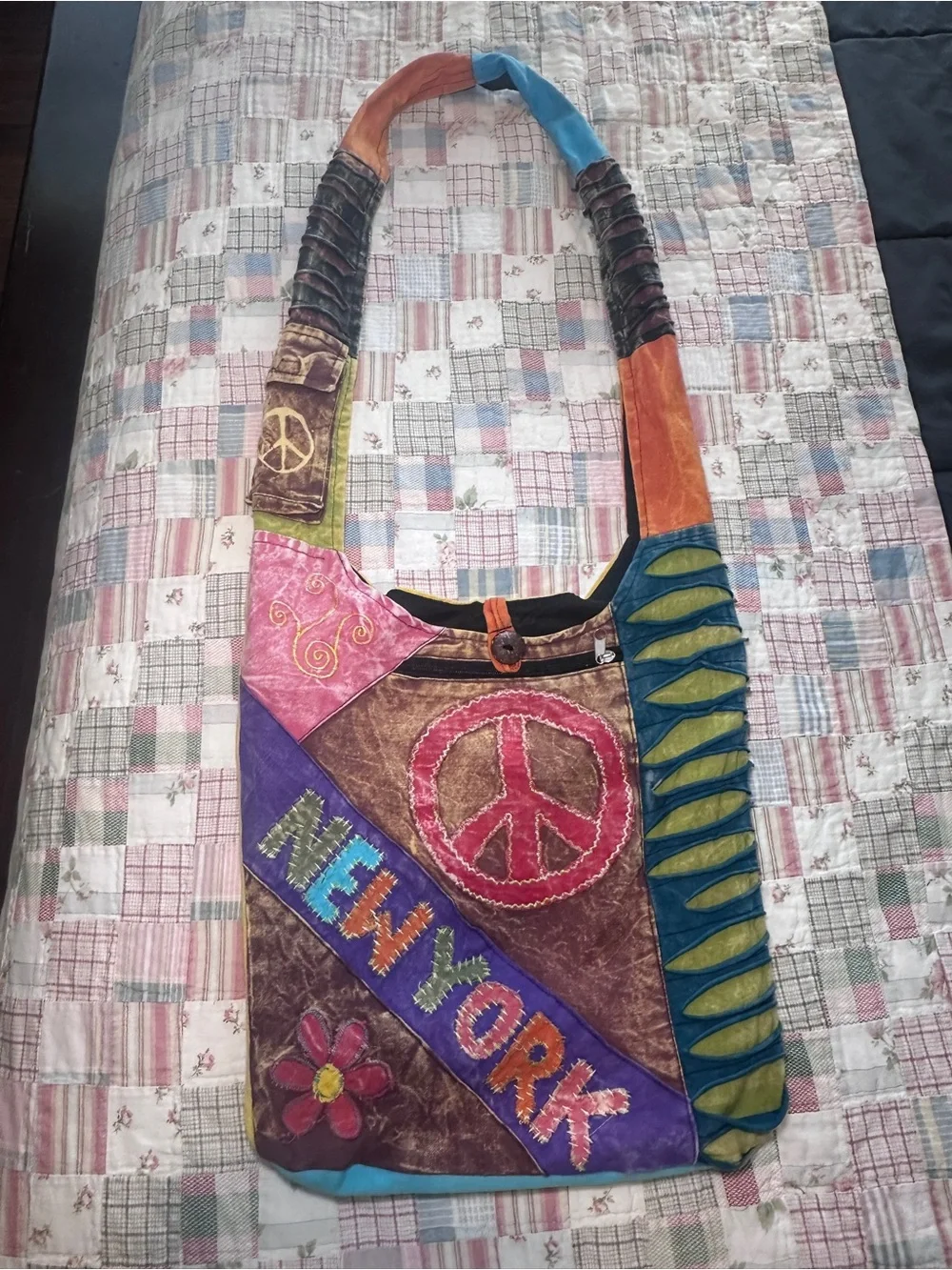 Multicolor Patchwork Shoulder Bag with Peace Motif